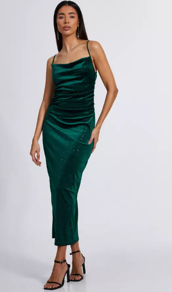 Bottle Green Velvet Glitter Midaxi Dress